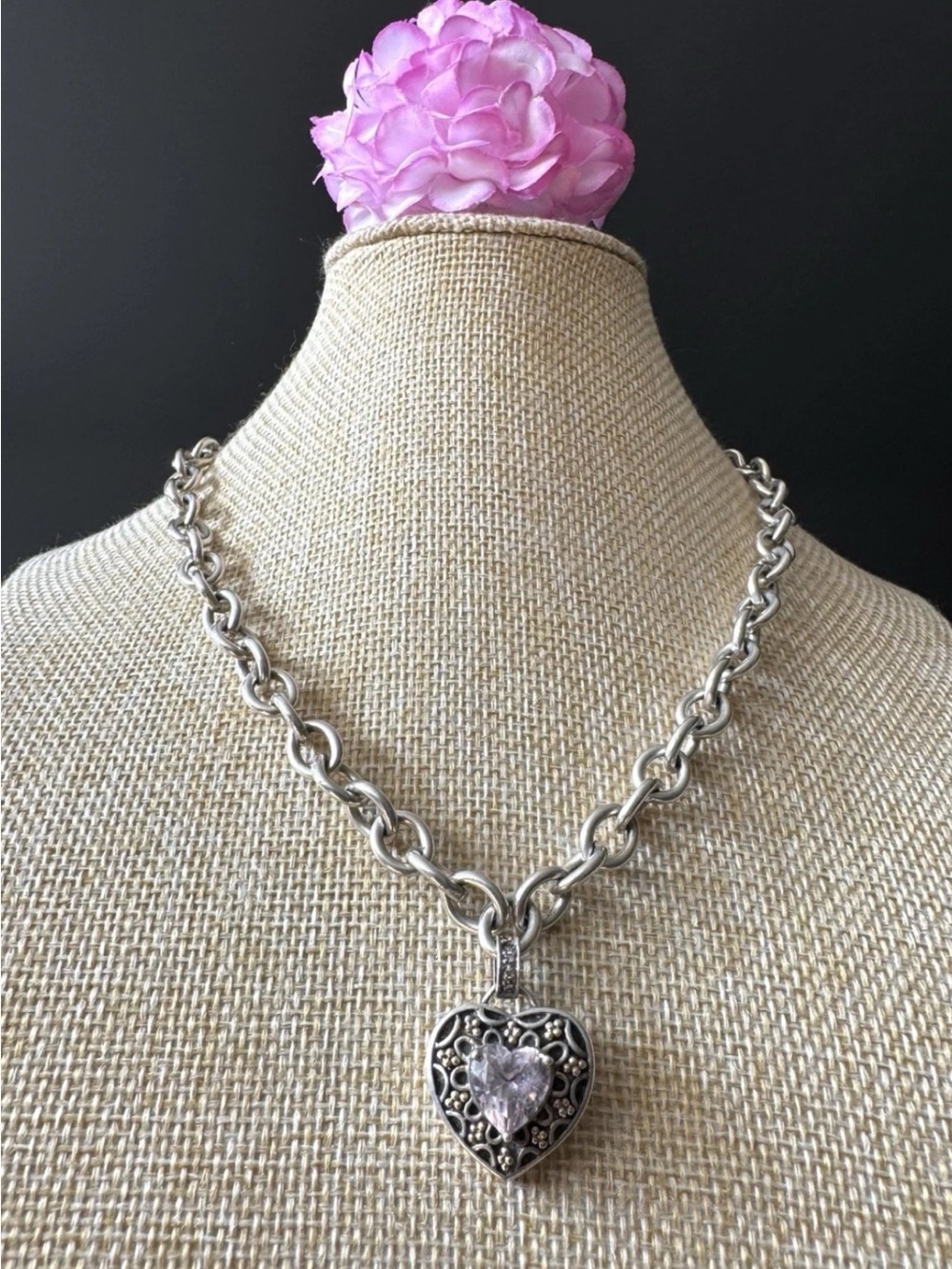 Vintage Designer Sadye L. Vassil 14k Gold & Sterling Pink Topaz Toggle Necklace